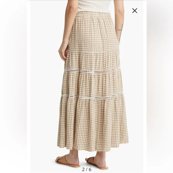 Madewell Gingham Tiered Linen Blend Maxi Skirt Tan Cream XS - Picture 2 of 11